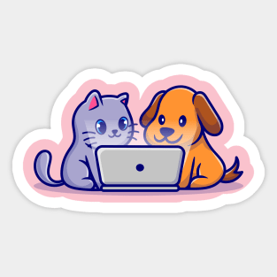 Cute Dog And Cute Cat Watching Together On Laptop Cartoon Sticker